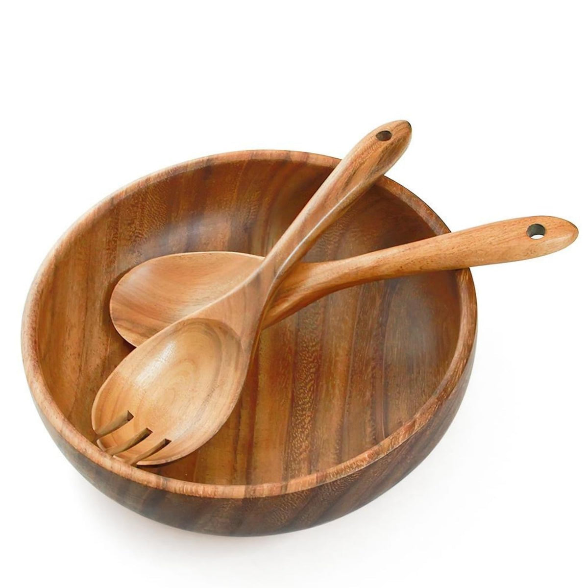 AOOSY Acacia Wood Salad Bowl Set — 9Inch Handmade Wooden Bowl with Serving Spoon & Fork, 3-Piece Mixing & Serving Set