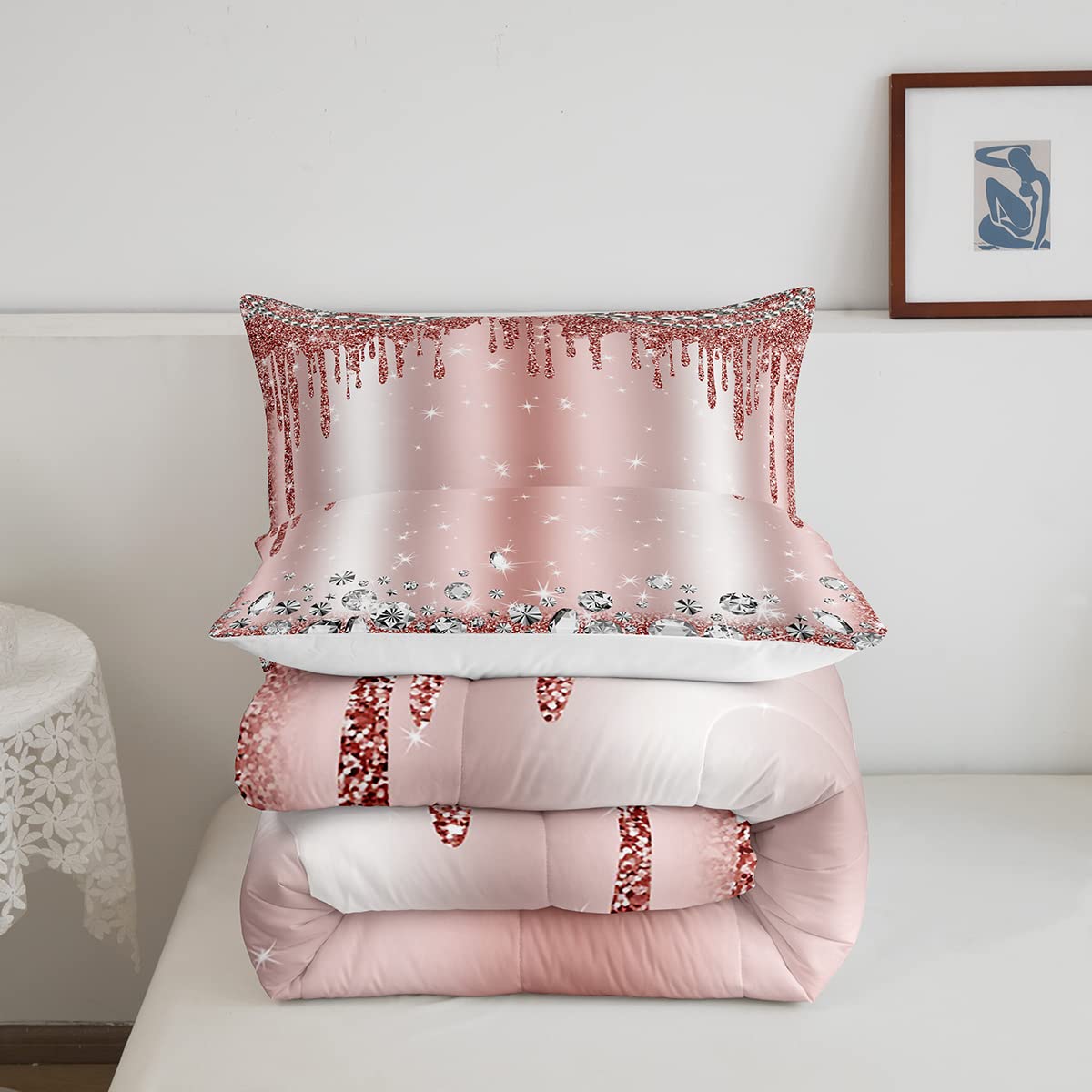 Pink Glitter Bedding Set Queen Women Girls Diamond Jewelry Pearls Comforter Set 3pcs Kids Teens Starry Galaxy Quilted Duvet for Modern Room Decor Fantasy Sparkling Bedspread,2 Pillowcases