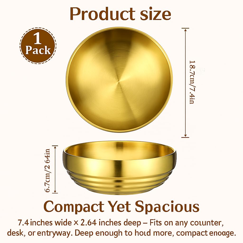 ZYNVORA Gold Decorative Bowl, 7.4 Inch Stainless Steel Key Bowl for Entryway Table, Brushed Surface Modern Fruit Purse Bowl for Kitchen Counter, Coffee Table