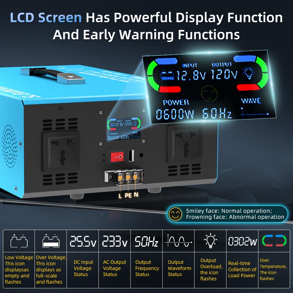 SL Euthtion 4000W Pure Sine Wave Power Inverter Voice Control AI Voice Assistant Support English 12V to 120V 60HZ with LCD Display, USB Port, for Car Home Laptop Truck