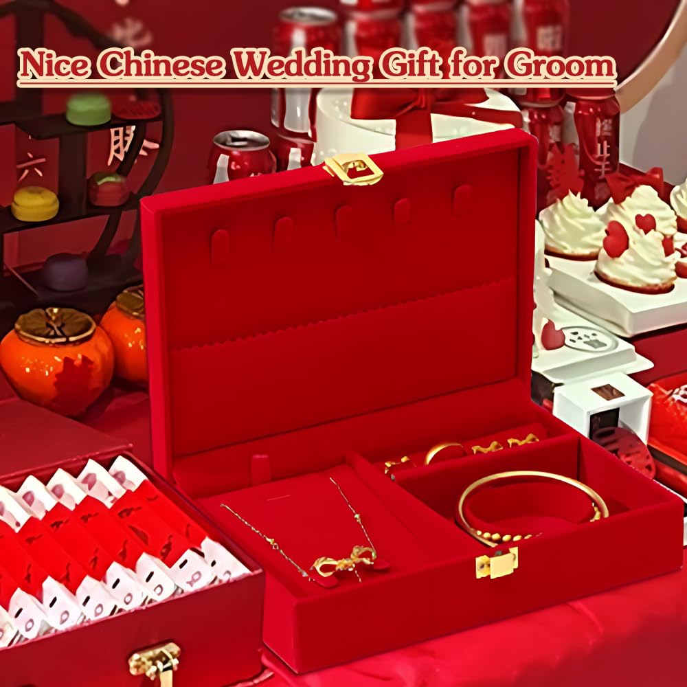 BAIWOVIS Chinese Wedding Jewelry Box for Groom, Double Happiness and Loong Phoenix Design, Chinese Engagement Red Velvet Presentation and Storage Case Gift Box for Gold Jewelry