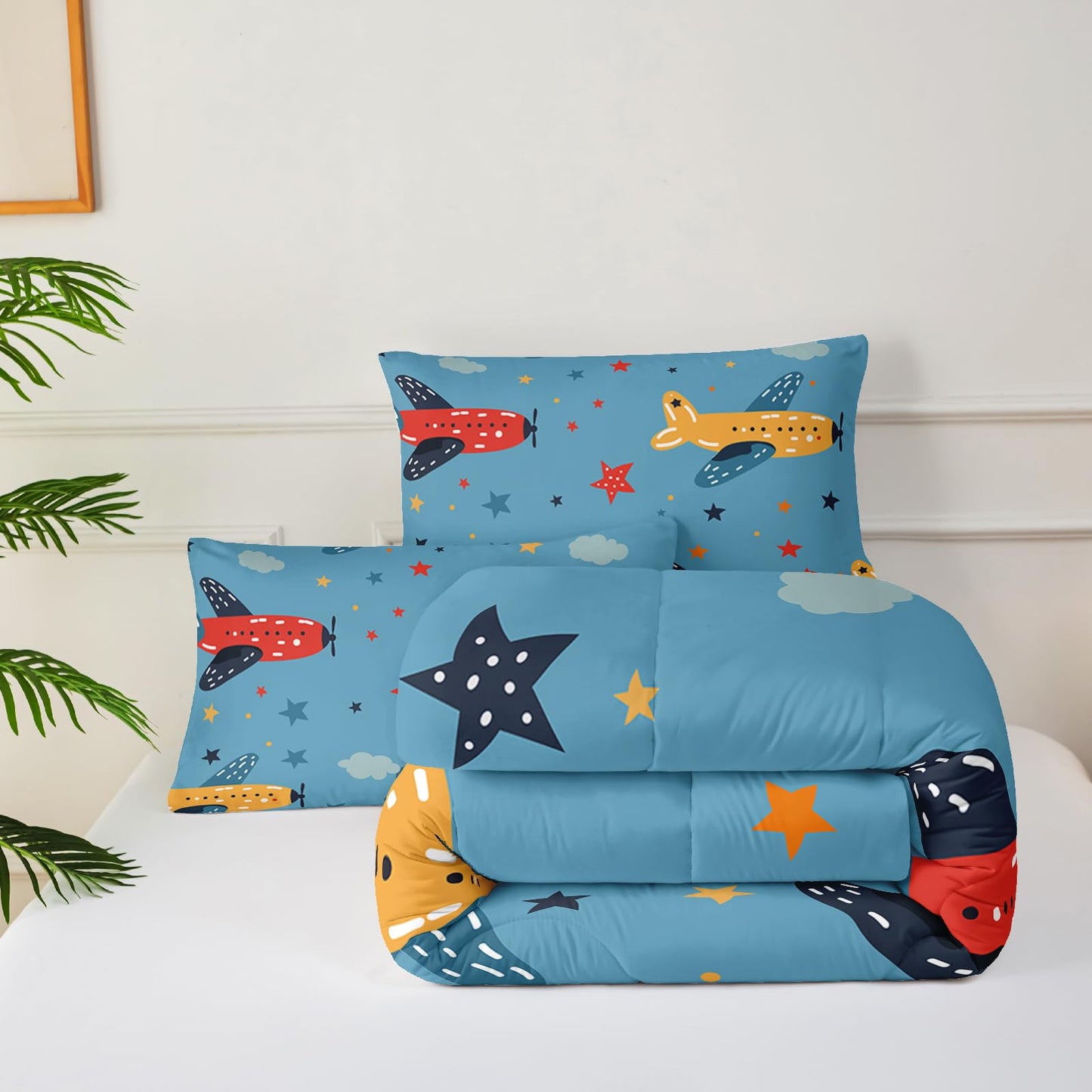 lneffble Kids Aeroplane Comforte Set Twin，Blue Airplane Bedding for Boys，Cute Star Quilt Pattern，Cute Bedroom Decor for Kids，1 Comforter 2 Pillow Cases
