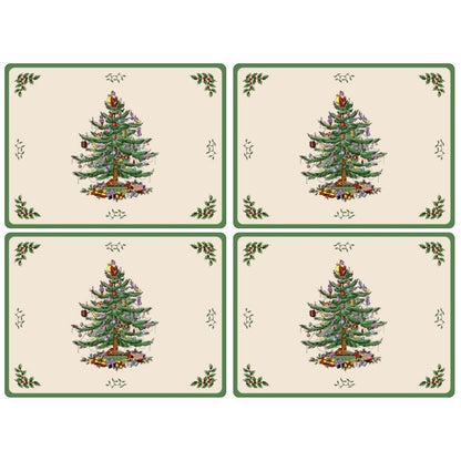 Spode Christmas Tree Placemats, Set of 4 – (15.7" x 11.7") Cork-Backed Boards with Decorative Artwork & Lacquered Finish, Heat & Stain Resistant Dining Table, Kitchen & Tabletop Protection