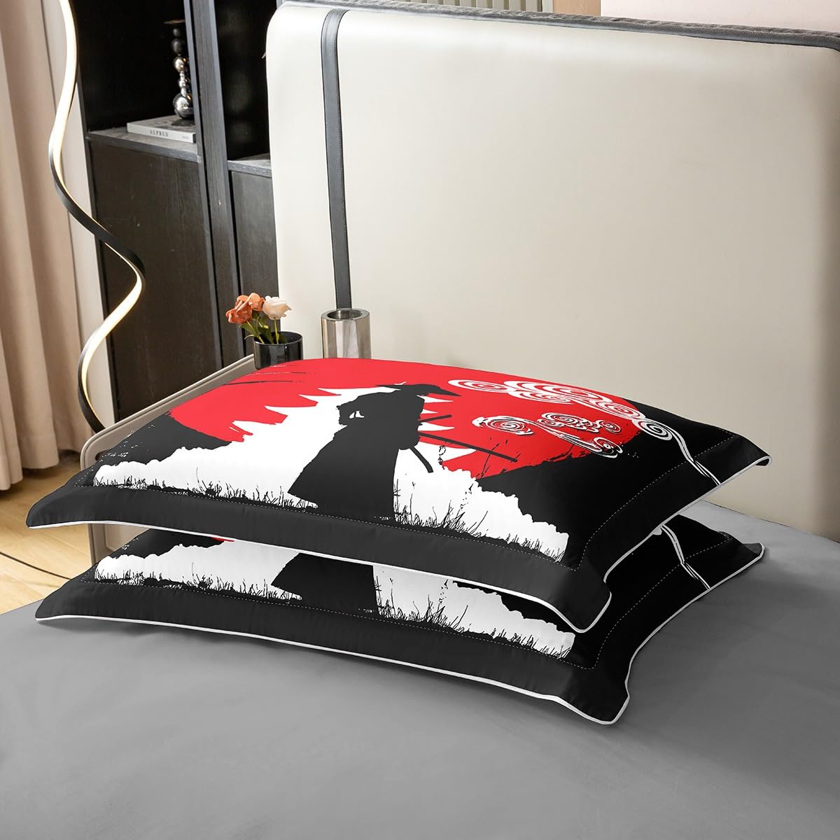 Samurai 100% Organic Cotton Duvet Cover, Sunset Print Bedding Set, Japan Comforter Cover, Building Silhouette Breathable Quilt Cover with Zipper Closure 1 Duvet Cover with 1 Pillow Case Twin Size