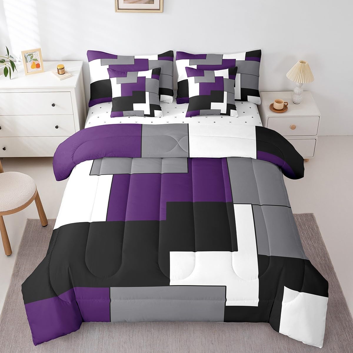 Erosebridal 7 Pcs Geometric Comforter Set Twin Size,Square Bed in a Bag with Flat Fitted Sheet for Kids and Adults,Purple Black White Abstract Art Bedding Set with Pillowcases and Cushion Cases