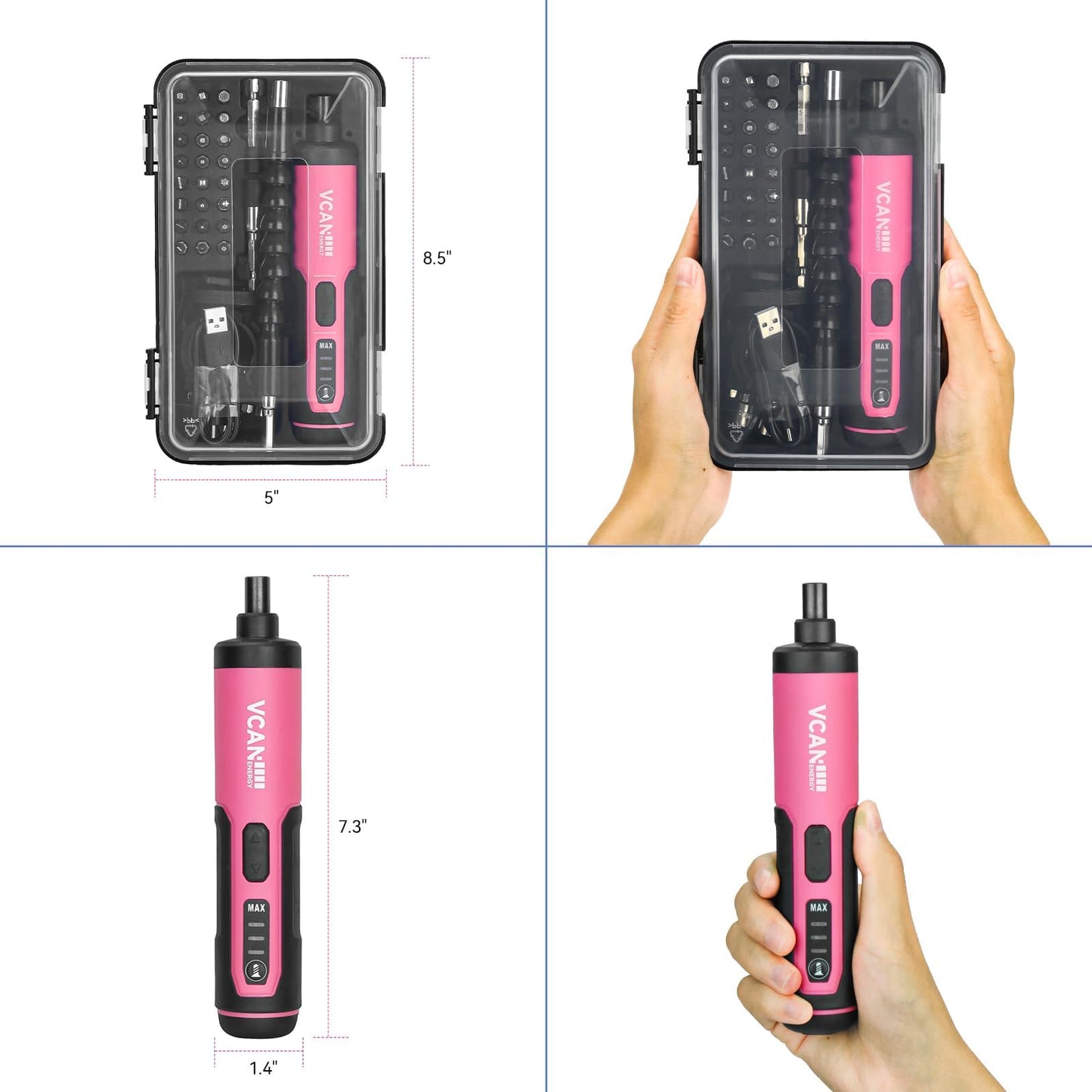 VCANENERGY 4V Pink Electric Screwdriver,2000mAh USB Rechargeable Battery,Cordless Power Screwdriver with LED Light,Adjustable Torque,38 in 1,Suitable for small projects