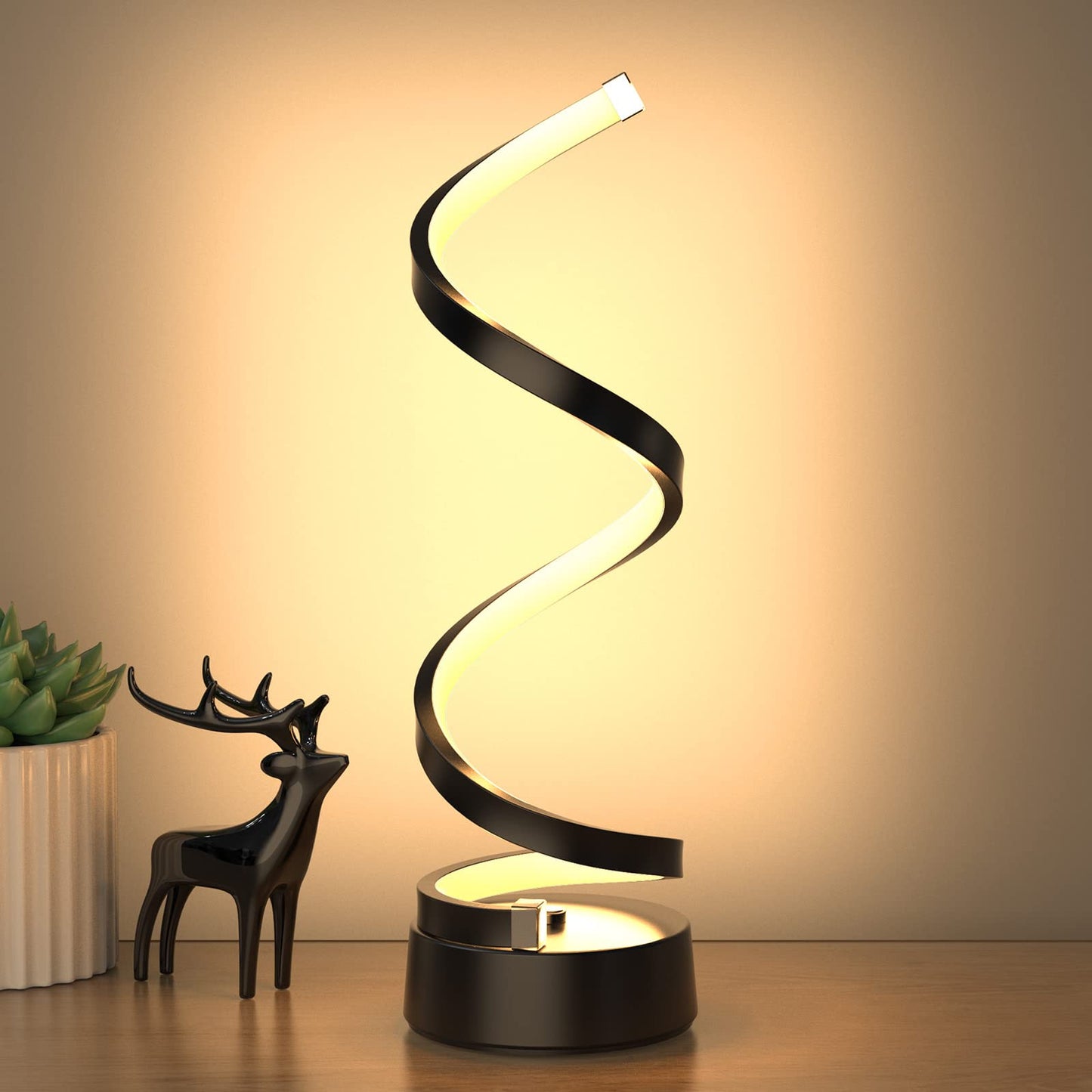 NUÜR Classic Spiral LED Table Lamp Black, Dimmable Metallic Bedside Lamp with Touch Controller, 3 Colour Temperature, 15.8 Inch Height, Contemporary, Decorative Lamp for Home, Living Room & Office