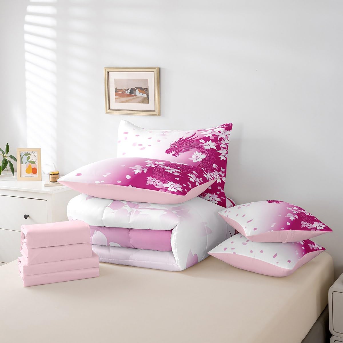 Erosebridal Pink Fantasy Dragon Bed in A Bag Pink White Gradient Princess Bedding Set for Kids Girls Teen Women,Magical Wildlife Animal Twin Comforter Set 7 Piece Dreamy Cherry Blossom Bed Set