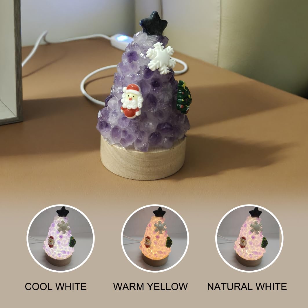 Youhot Natural Amethyst Crystal Tree Lamp - Healing Gemstone Pine Tree LED Night Light, 3.7 Inch Small Table Lamp with Wooden Base, Spiritual Home Office Decor, Zen Meditation Gift for Women & Men