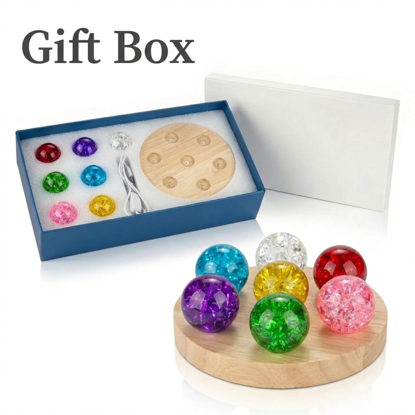 JINWU ClearPeak 7 Colors 40mm Ice Cracked Crystal Balls, Chakra Healing Sphere with LED Wooden Base, Glass Night Light for Home Living Room Meditation, Valentines Day (Set 7-Rainbow-Round)