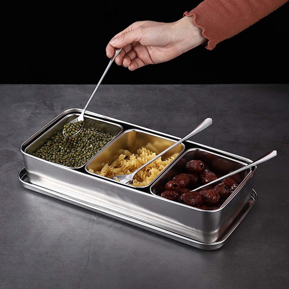 OUKENS Seasoning Container, 3‑Grid Stainless Steel Seasoning Rack Spice Pots Storage Container Condiment Jars Cruet with Cover and Spoon for Spice Salt Sugar