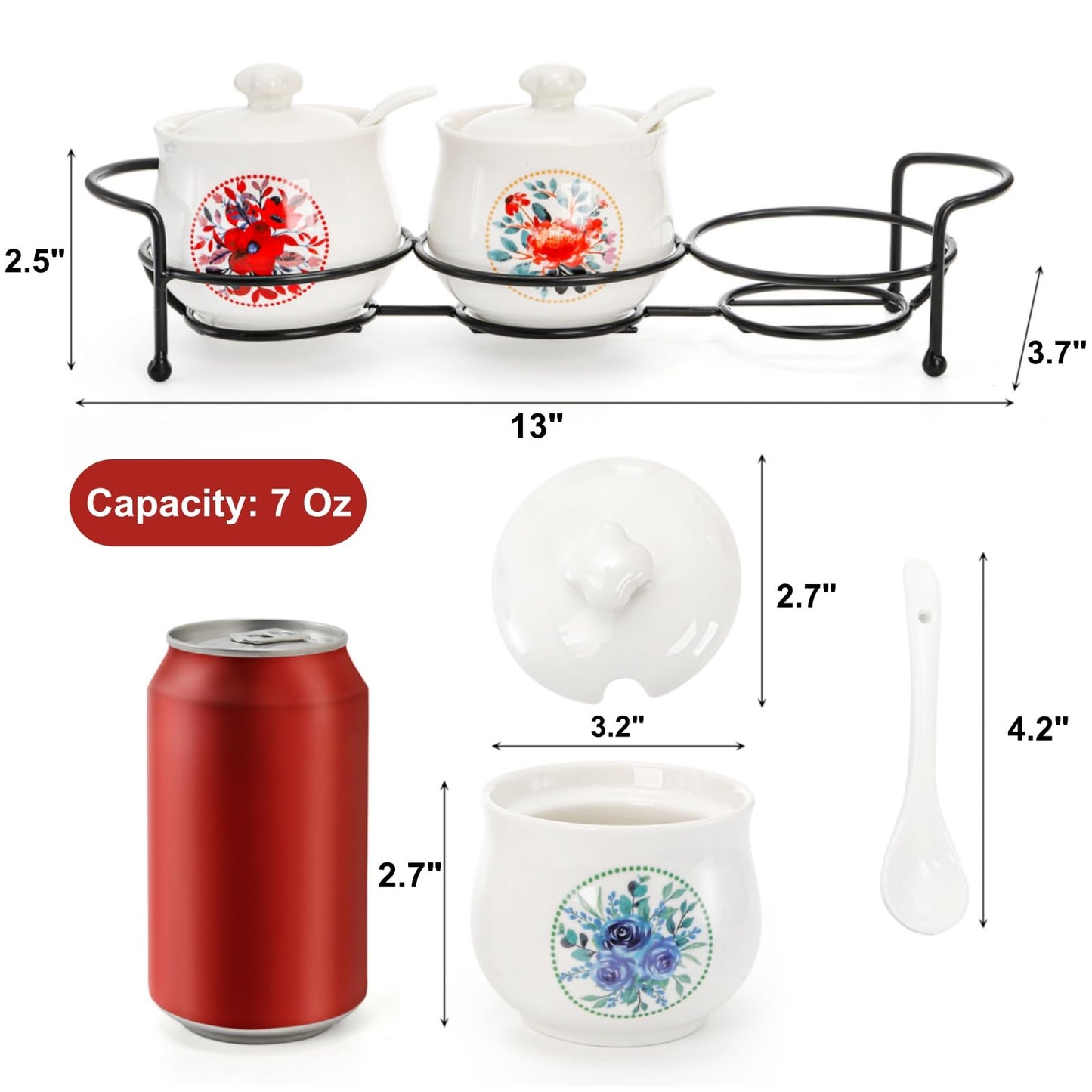 ELFULLY 3 Pcs Ceramic Condiment Jars, 7 Oz Small Sugar Bowls with Lids Spoons and Shelf, Round Spice Container Pot Set for Salt Pepper, Empty Seasoning Box for Kitchen Restaurant Home, White