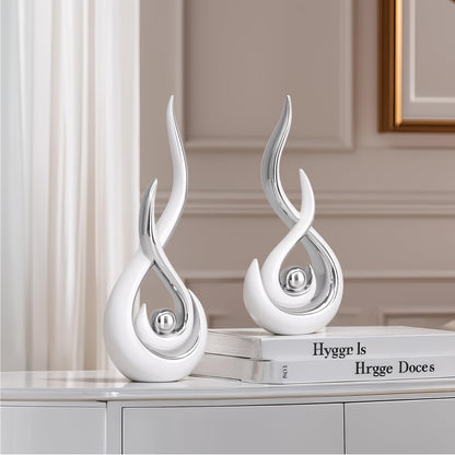 Modern Abstract Art Home Decor Accent,Contemporary Statues Coffee Table Decor for Living Room,Table Centerpieces for Dining Room,Ceramic Sculptures Knick Knacks for TV Stand Show Piece (White Silver)