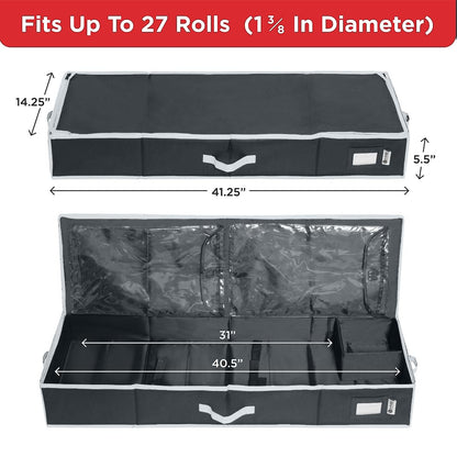 HOLDN' STORAGE Premium Wrapping Paper Storage Container - Durable 600D Tear-Proof, Fits 27 Rolls Gift Wrap, Extra Pockets for Ribbons & Bows, Underbed Storage - Ideal for Holiday Christmas, Black/White Trim