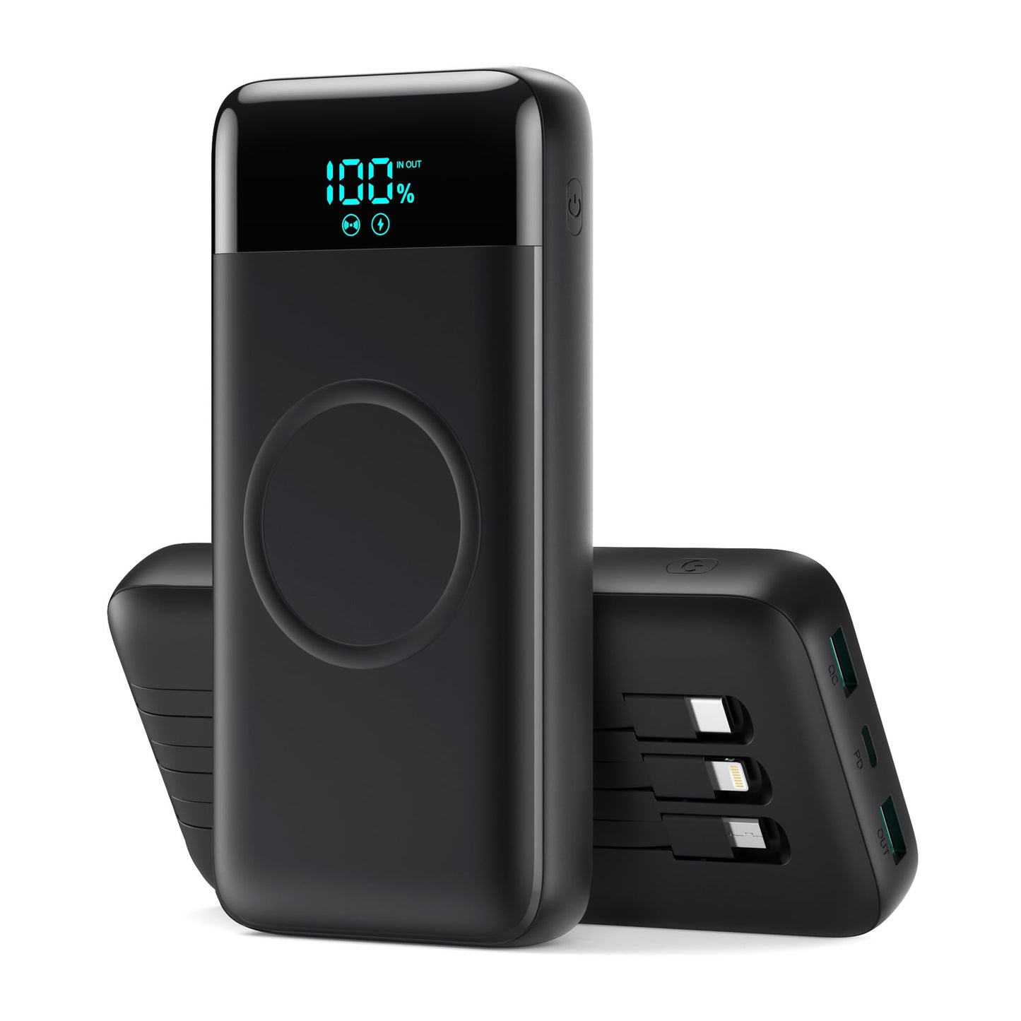 Wireless Portable Charger 40800mAh with 3 Built-in Cables,7-in-1 15W Wireless Charging Power Bank,25W PD QC 4.0 Fast Charging USB C LCD Display Battery Pack for iPhone 17/16/15/13,Samsung,Android etc