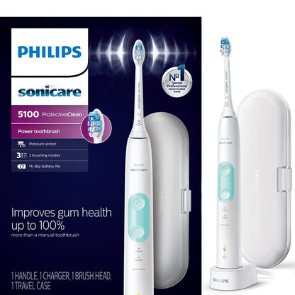 Philips Sonicare ProtectiveClean 5100 Electric Rechargeable Toothbrush with Genuine Philips Sonicare Optimal Gum Health Replacement Toothbrush Heads,White 3-pk