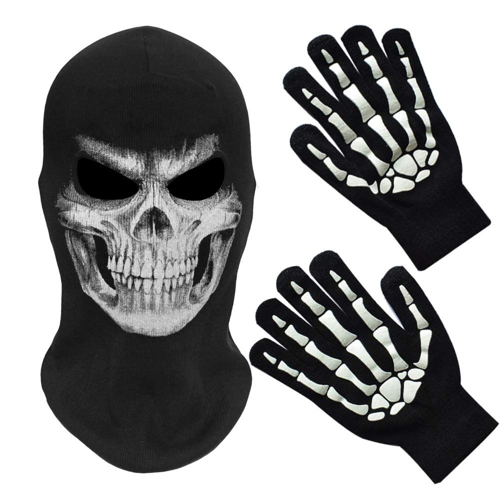 MELOP Skeleton Skull Ghost Halloween Balaclava Face Mask for Cosplay Costume Cycling Outdoor Sport Winter Warmer With Skeleton Pattern Gloves