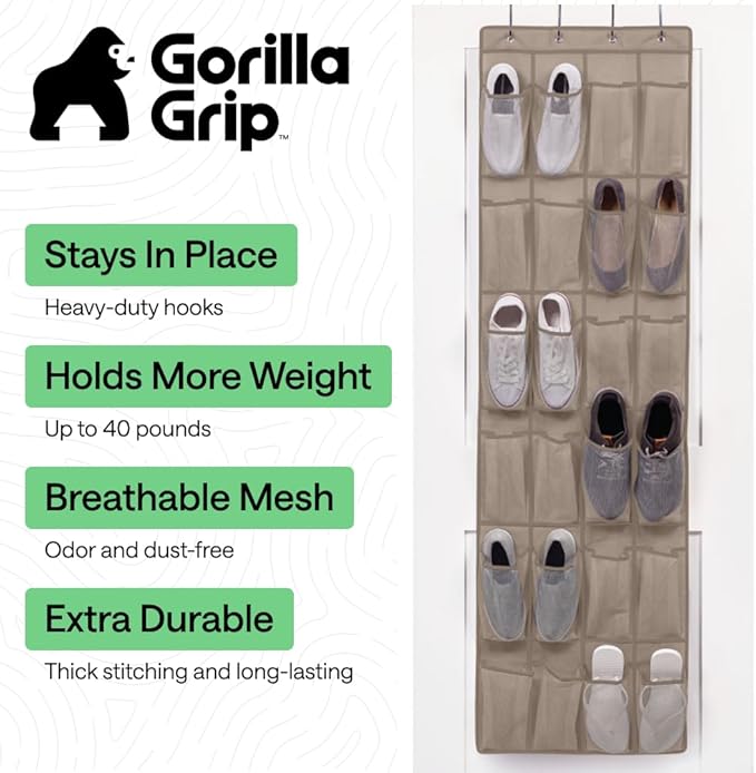 GORILLA GRIP Over the Door Shoe Organizer, 24 Large Breathable Mesh Pockets