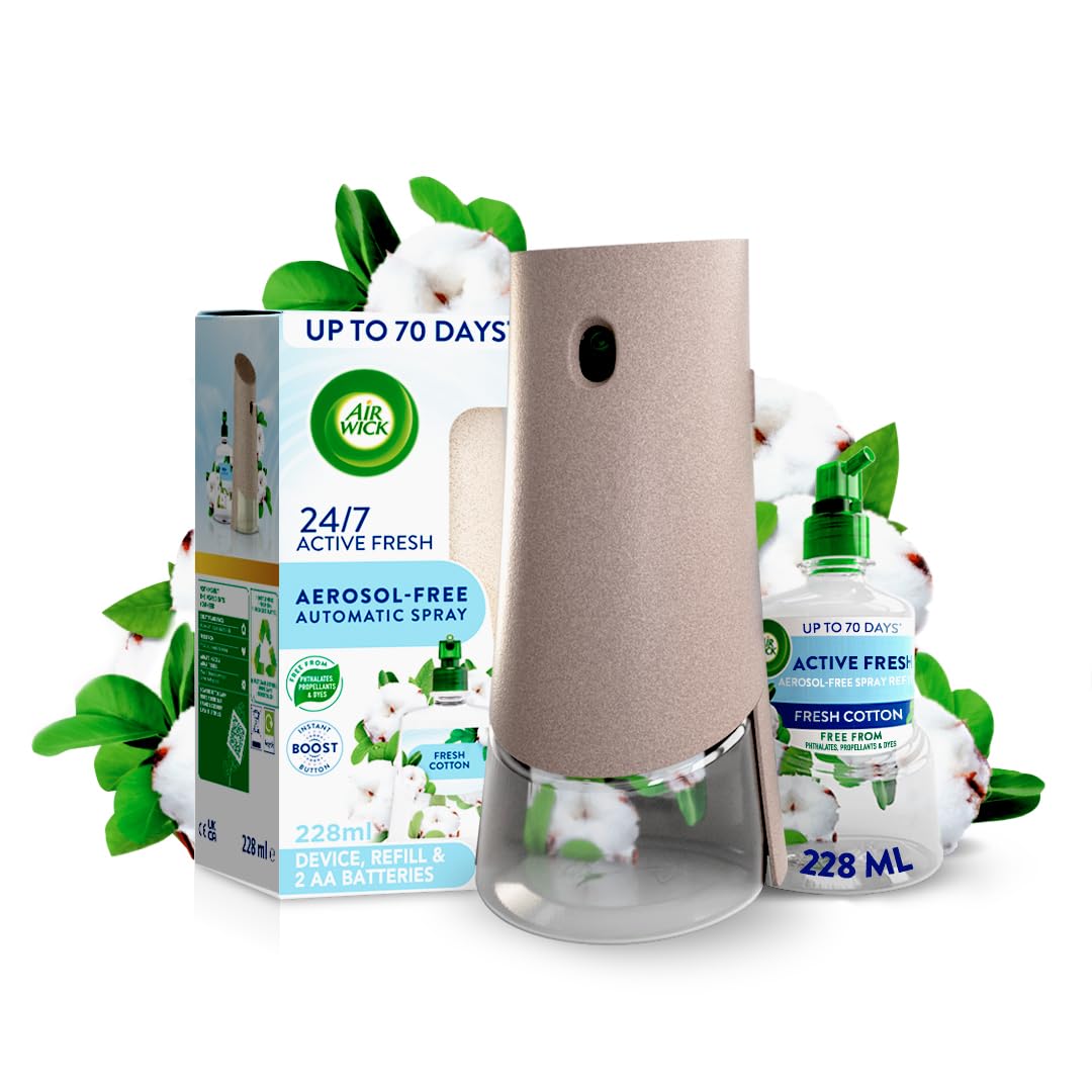 Air Wick Aerosol-Free Automatic Air Freshener Spray Kit, Fresh Cotton, 1 Gadget & 1 Refill (228ml), 24x7 Active Fresh Odour Neutraliser, Lasts Up to 70 Days, Air freshener for Home