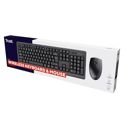 Trust Primo Wireless Keyboard and Mouse Set QWERTY UK Layout, Low Profile Keys, Spill-Resistant, One USB Receiver, Ambidextrous Wireless Mouse, Home Office Combo for PC Laptop Mac - Black