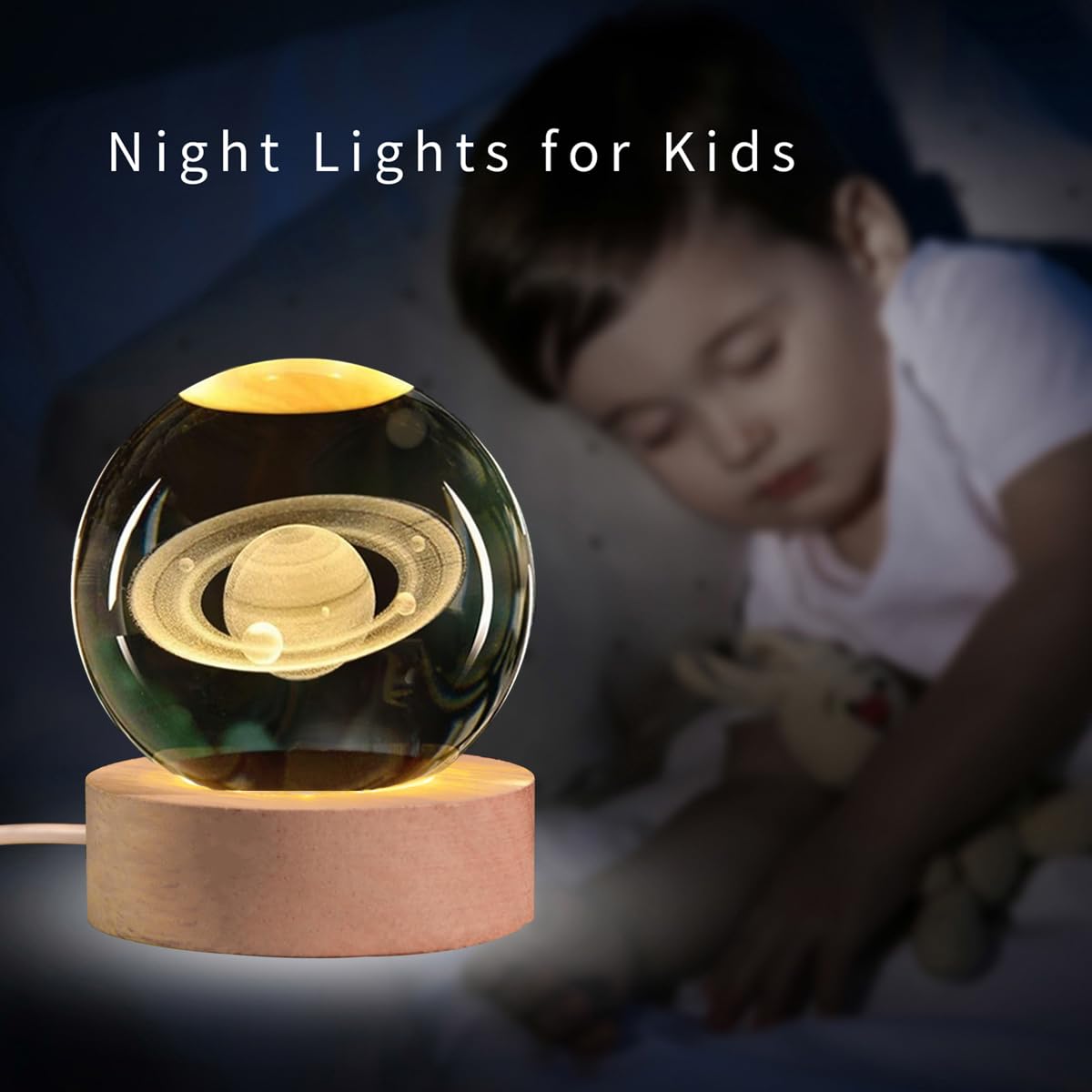 AOFEGRLT 3D Saturn Crystal Ball with LED Stand, 60mm Glass Sphere Decorative Balls, Space Planet Galaxy Lamp Night Light Gifts for Women Kids