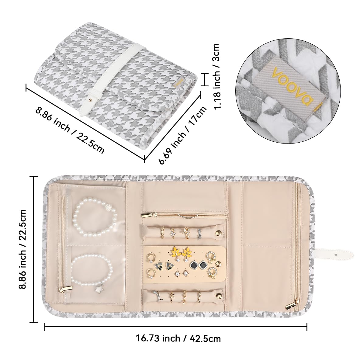 Voova Travel Jewelry Holder Organizer Case, Large Jewelry Storage Bag for Women Girls, Foldable Traveling Jewellery Pouch Roll for Necklaces Rings Earrings Bracelets, Grey+White