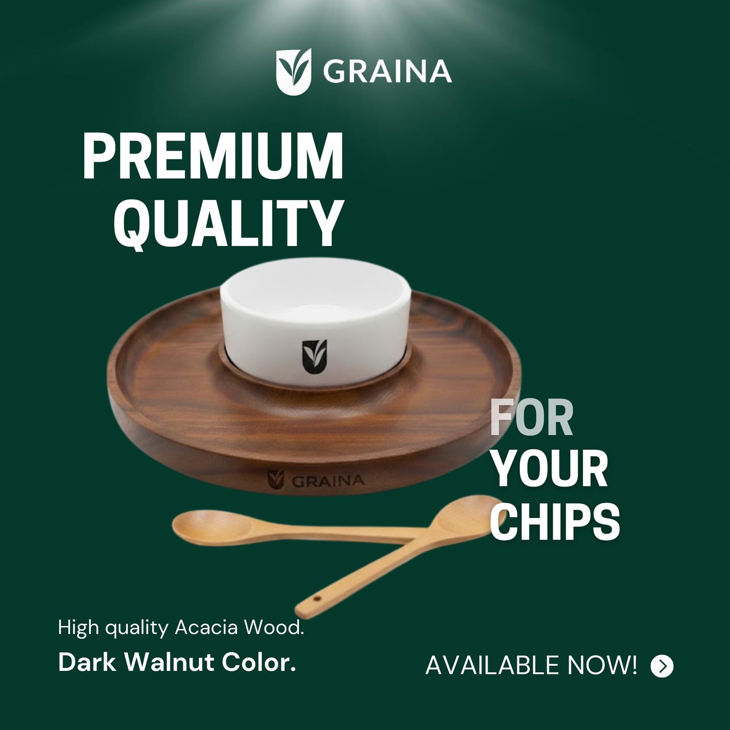 Graina Premium Wooden Chip and Dip Serving Tray Set – Dark Walnut Large Serving Tray with Ceramic Dip Bowl & 2 Wooden Spoons – Chip and Dip Bowl Set for Chips, Snack & Entertaining | Appetizer Platter