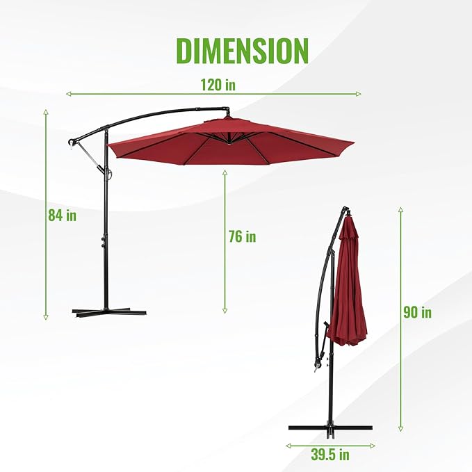 Backyard Expressions 10FT Cantilever Patio Umbrella – Outdoor Offset Hanging Umbrella with Smooth Crank, Tilt Adjustment & UV Protection – Heavy-Duty Steel Frame (Base Not Included)