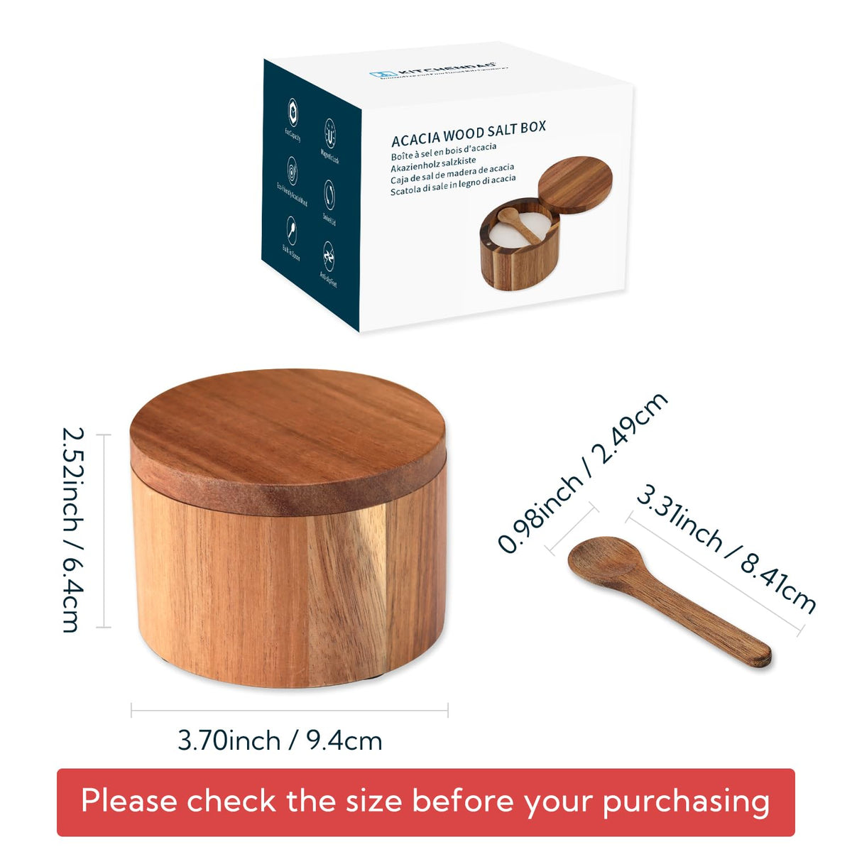 KITCHENDAO Marble Lid Acacia Salt Cellar Box Bowl with Built-in Spoon and Swivel Magnetic Lid Acacia Salt Cellar Box with Built-in Spoon