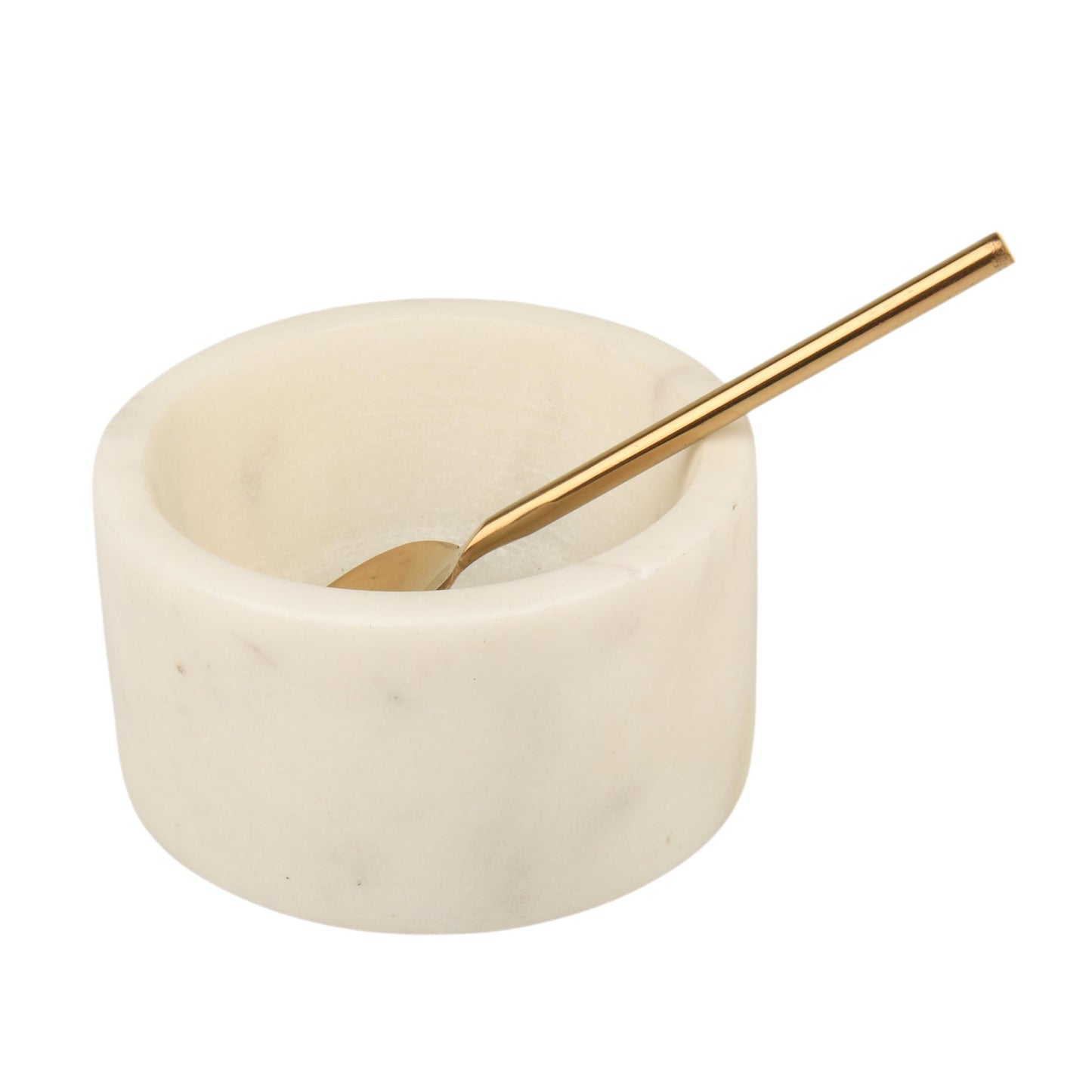 Cruiser’s Caché 3 Piece White Marble Salt and Spice Cellar or Dipping Bowls with Wood Tray and Gold Spoons
