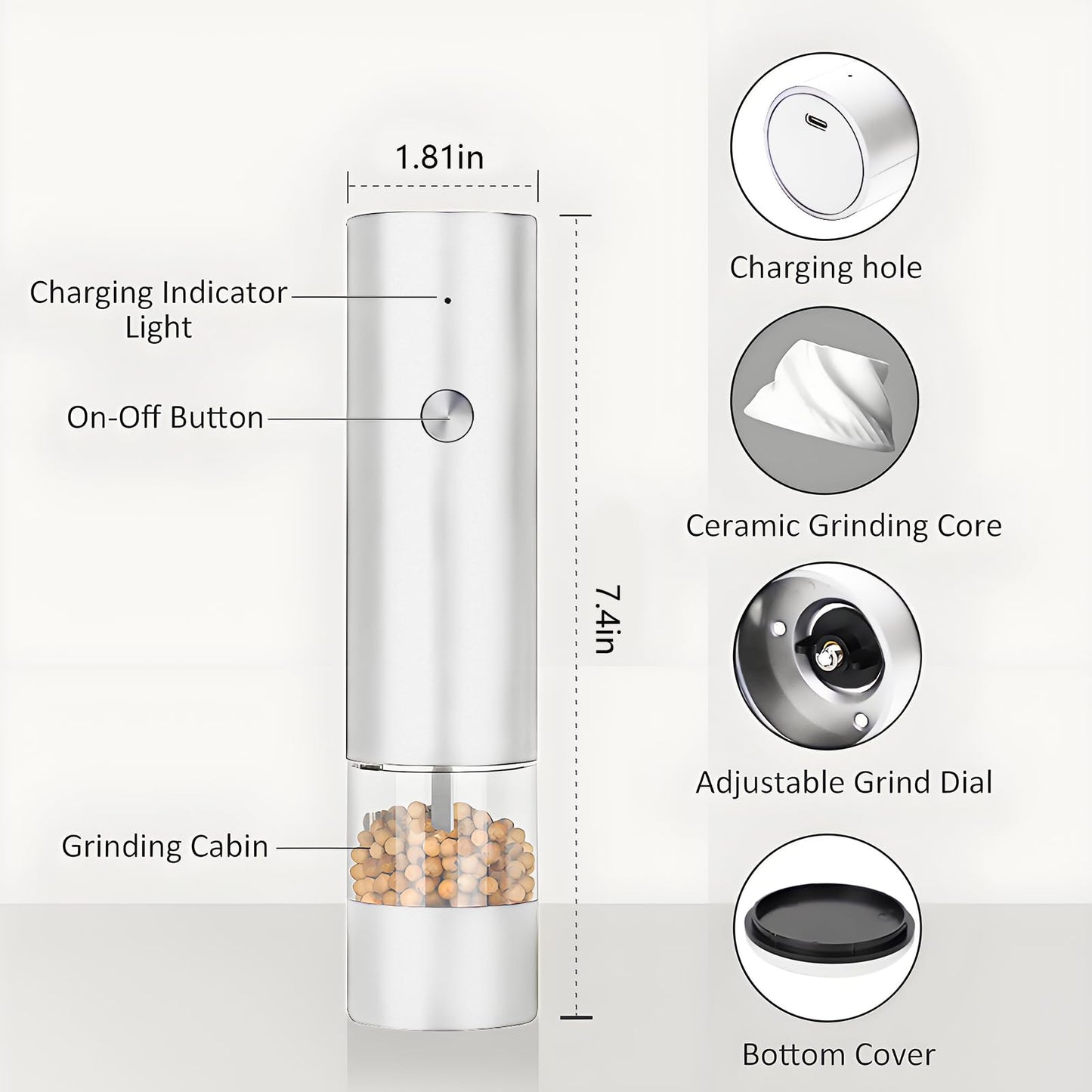 Electric Pepper Grinder,Electric Pepper Mill Grinder,Adjustable Coarseness,Efficient And Convenient,Easy To Clean,One Handed Operation,Type-C Rechargeable, A Reliable Assistant In The Kitchen(White)