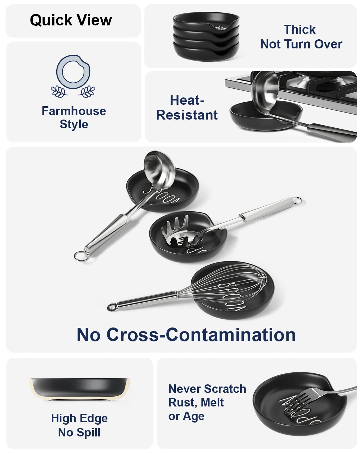 LE TAUCI Ceramic Spoon Rest for Stove Top, 5 Inch Spoon Holder for Kitchen Counter Set of 4, Kitchen Gadgets, Coffee Spoon Cradle, Home Accessories for Utensils, Dishwasher Safe, Black