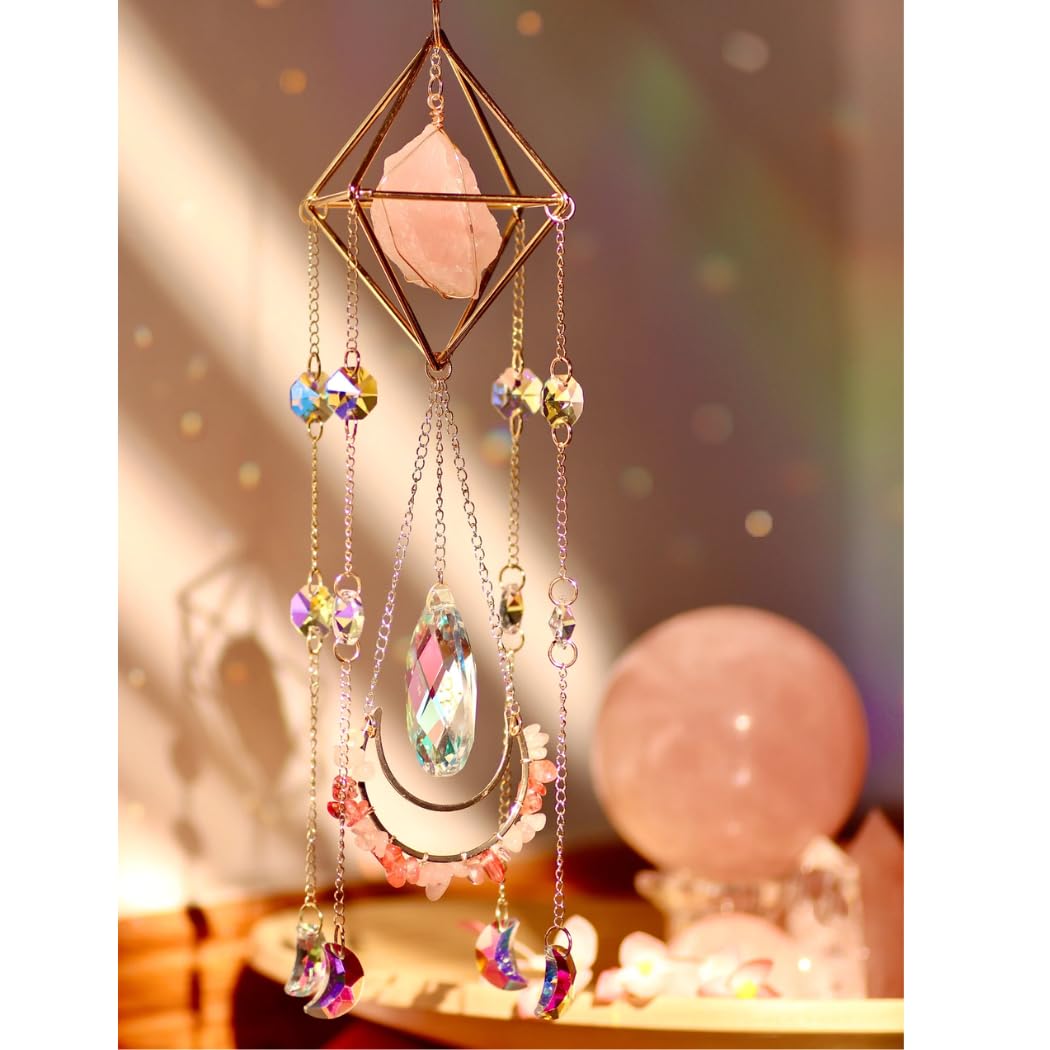 Crystal Suncatcher – Gold-Plated Hanging Window Decoration with Healing Crystals – Prism Sun Catcher for Home, Garden, Indoor or Gift – Sparkling Sun Catchers & Positive Energy (Rose Quartz)