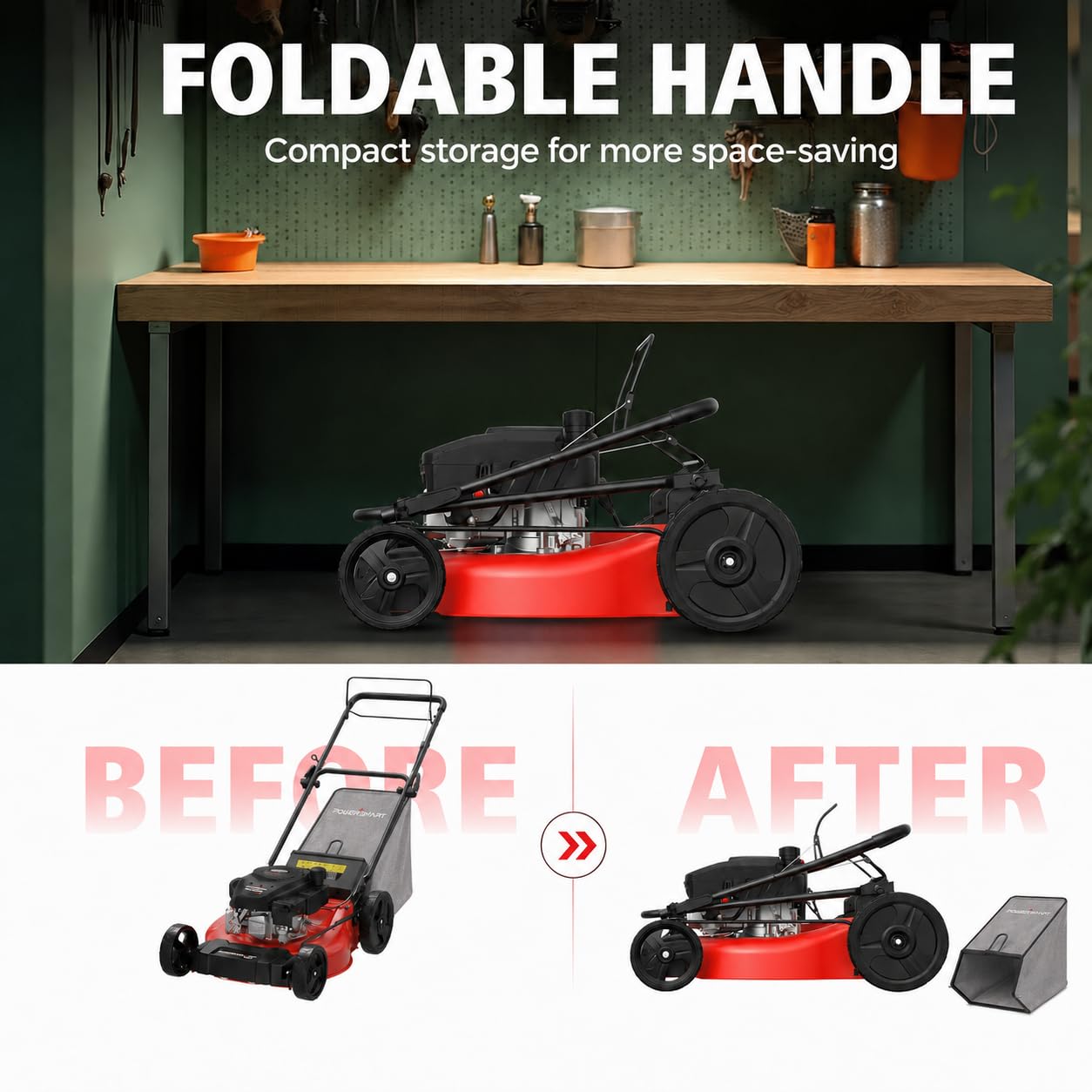 PowerSmart 21-Inch Gas Self-Propelled Lawn Mower, 170cc OHV Engine, Reinforced Steel Deck, 3-in-1 Bagging/Mulching/Rear Discharge, 6 Cutting Heights (1.5"–3.9"), 10" Rear Wheels, Foldable Handle