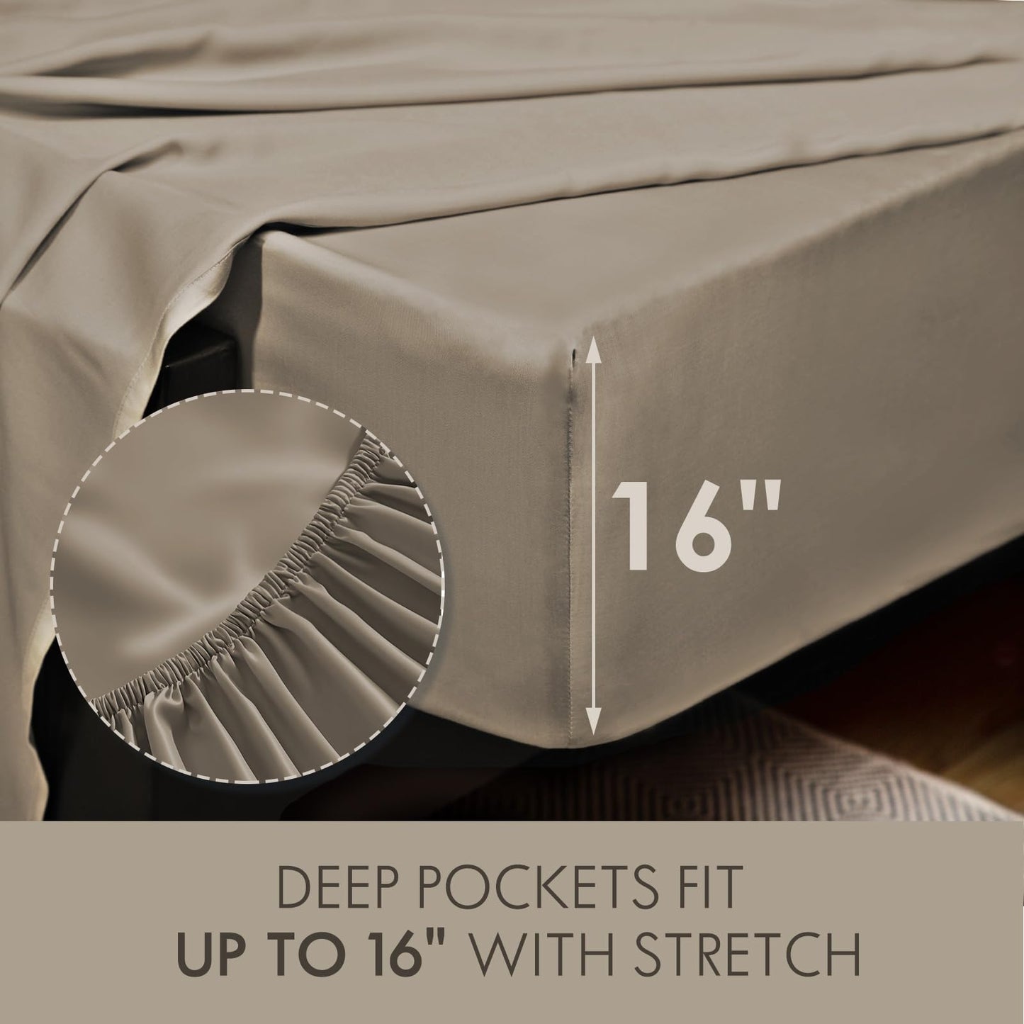 ClevaHome Sheets Queen Bed Sheet Set, 100% Rayon derived from Bamboo, Luxuriously Soft, Cooling, Double Stitching, 16" Deep Pockets Imported (Queen, Taupe)