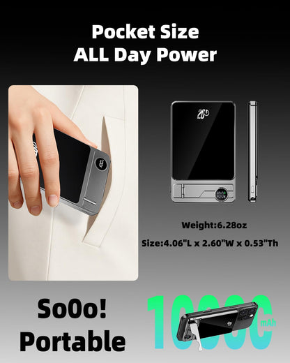 Magnetic Portable Charger 10000mAh 20W PD Fast Charging Foldable Stand & LED Display Magnetic Power Bank,Built-in USB-C Cable Battery Pack Compatible for iPhone 17/16/15/14/13/12 Series (10000mAh)