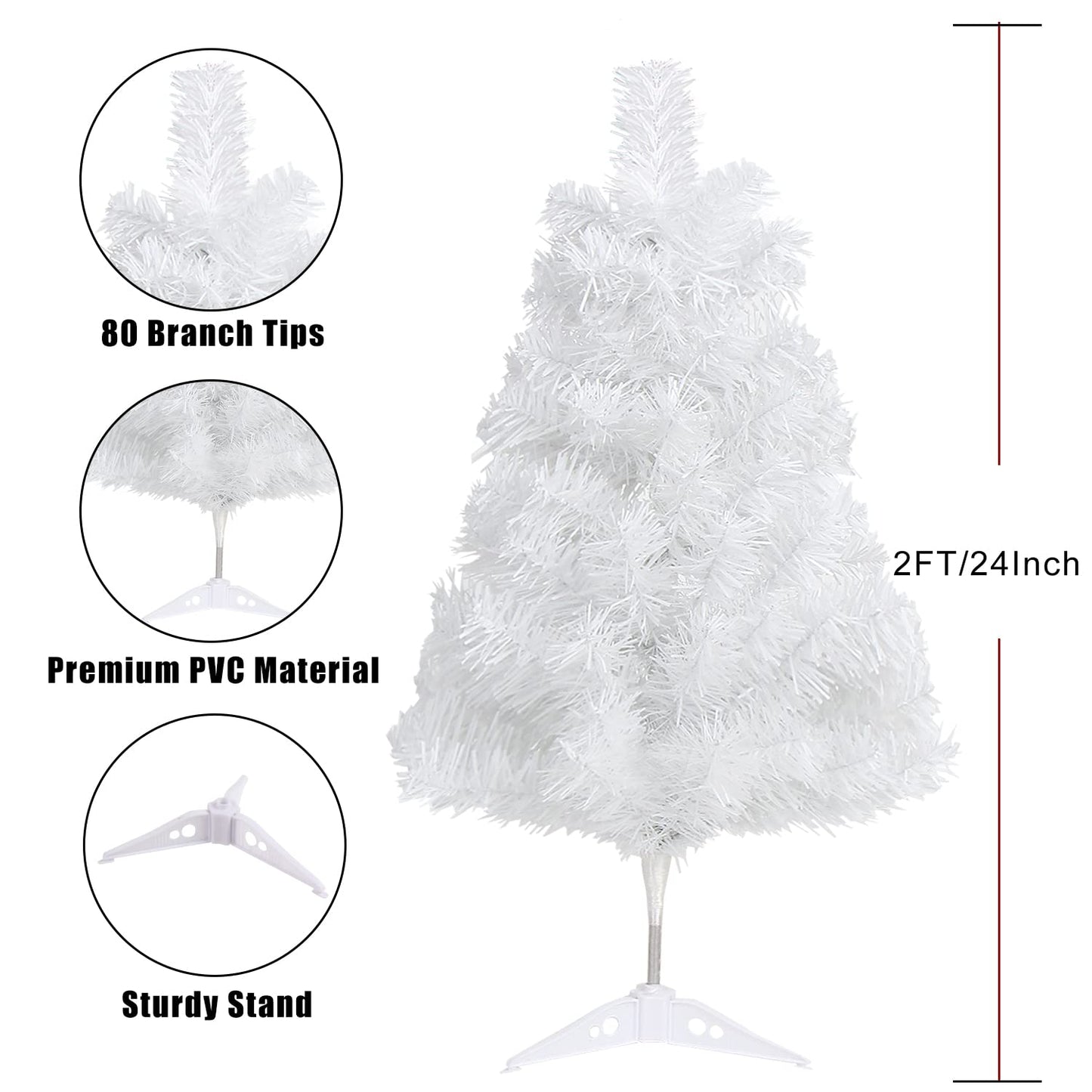 CCINEE 2Ft Artificial Christmas Tree, White Mini Tabletop Xmas Tree with Plastic Stand 80 Branches Tips for Christmas Party Supplies Home Indoor Decoration