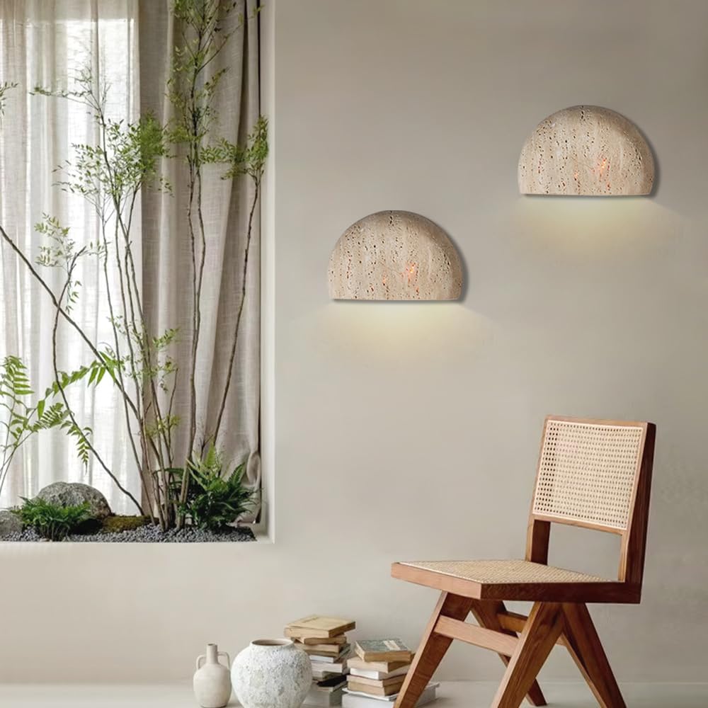 WOSBO Yellow Travertine Wall Sconce, 7.87" Wabi Sabi Light Fixture with Half Moon Natural Stone Lampshade Japanese Style Marble Wall Sconce Perfect for Kitchen Island Bedroom Living Room Farmhouse
