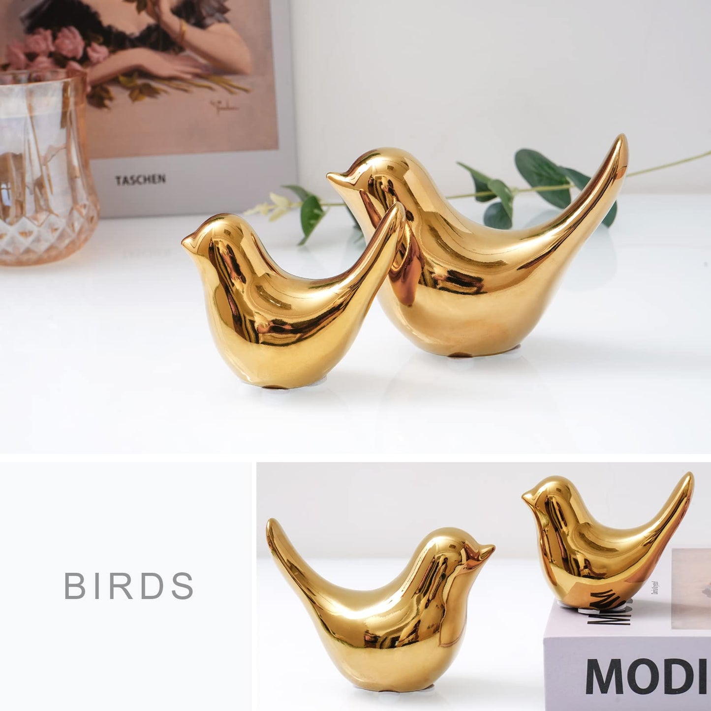 Elegant Gold Small Bird Sculptures,Modern Abstract Art Pieces for Bookshelf Decor, Coffee Table Decor, and Luxury Home Decor Accents(2Pcs Gold Birds)