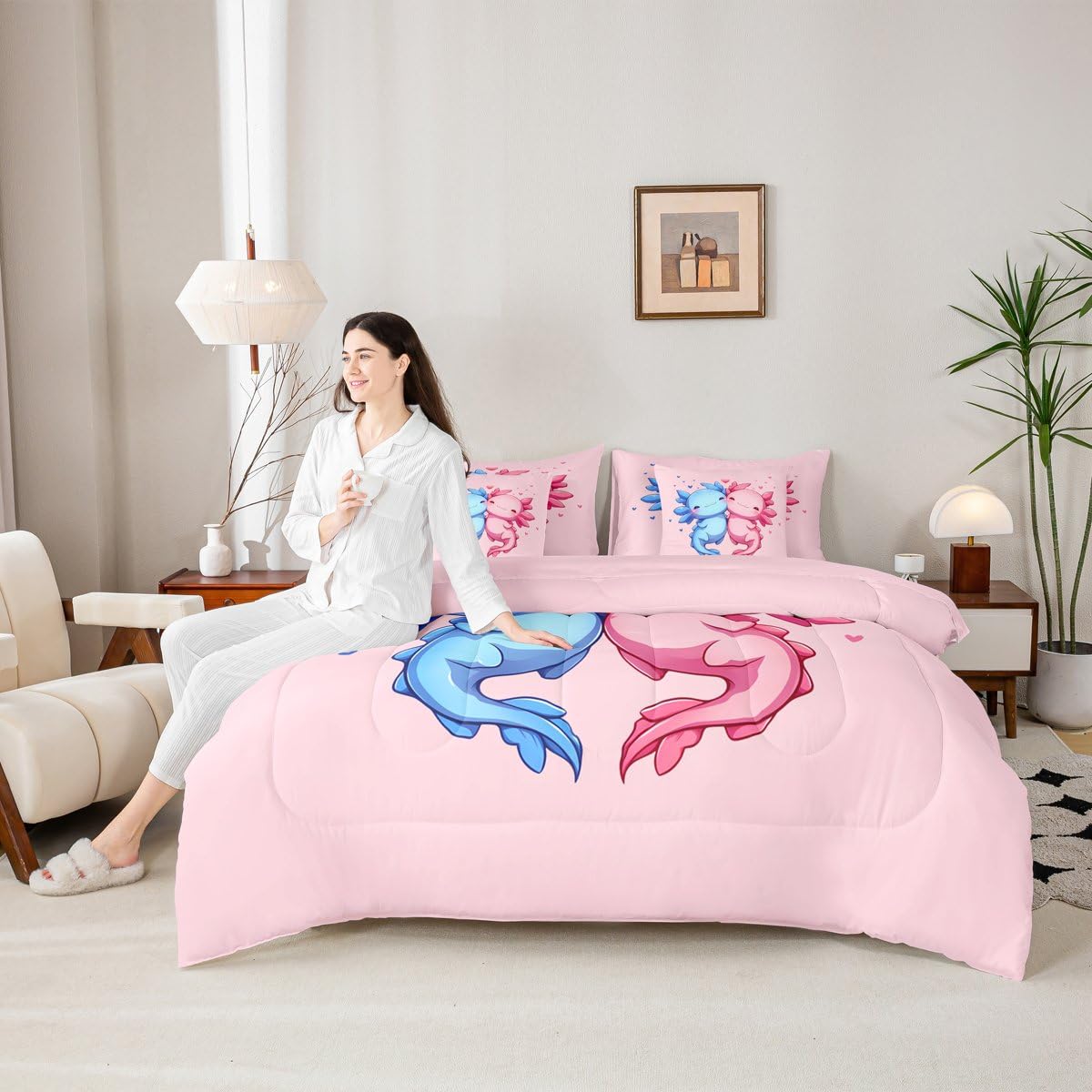 Erosebridal Pink Blue Cute Axolotls Queen Comforter Set Kids Kawaii Axolotls Bed in a Bag for Boys Girls Cartoon Love Heart 7-Piece Bedding Set Sealife Coastal Ocean Animal Quilt Duvet Sets