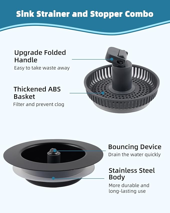 Universal 3 in 1 Kitchen Sink Drain Strainer Stopper Combo, Anti-Clog and Easy