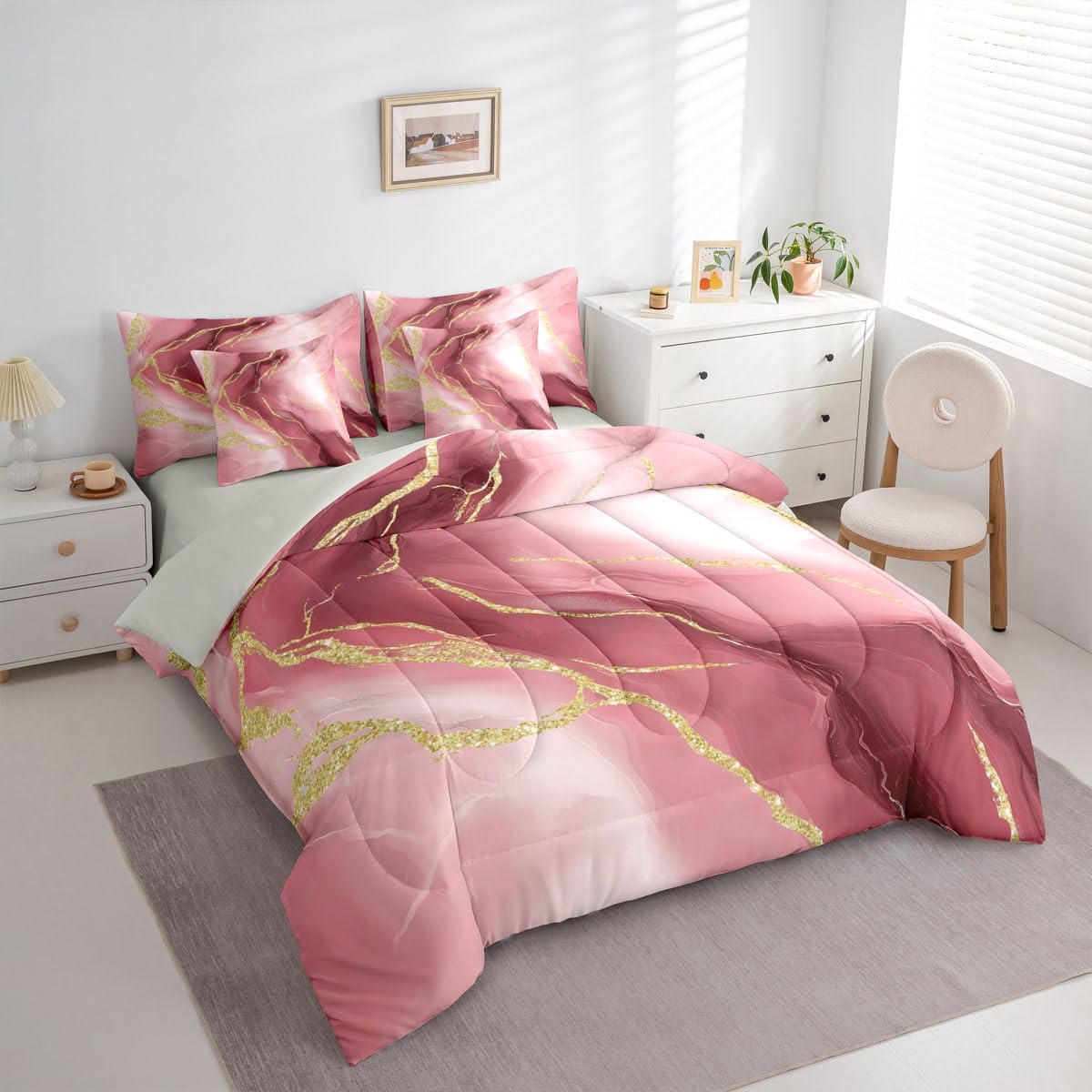 Erosebridal Burgundy Marble Bedding Set King Gradient Texture Marbling Comforter Set 7 Piece Modern Watercolor Aesthetics Bed in A Bag Gold Abstract Luxury Metallic Fluid Quilt with Flat Fitted Sheet