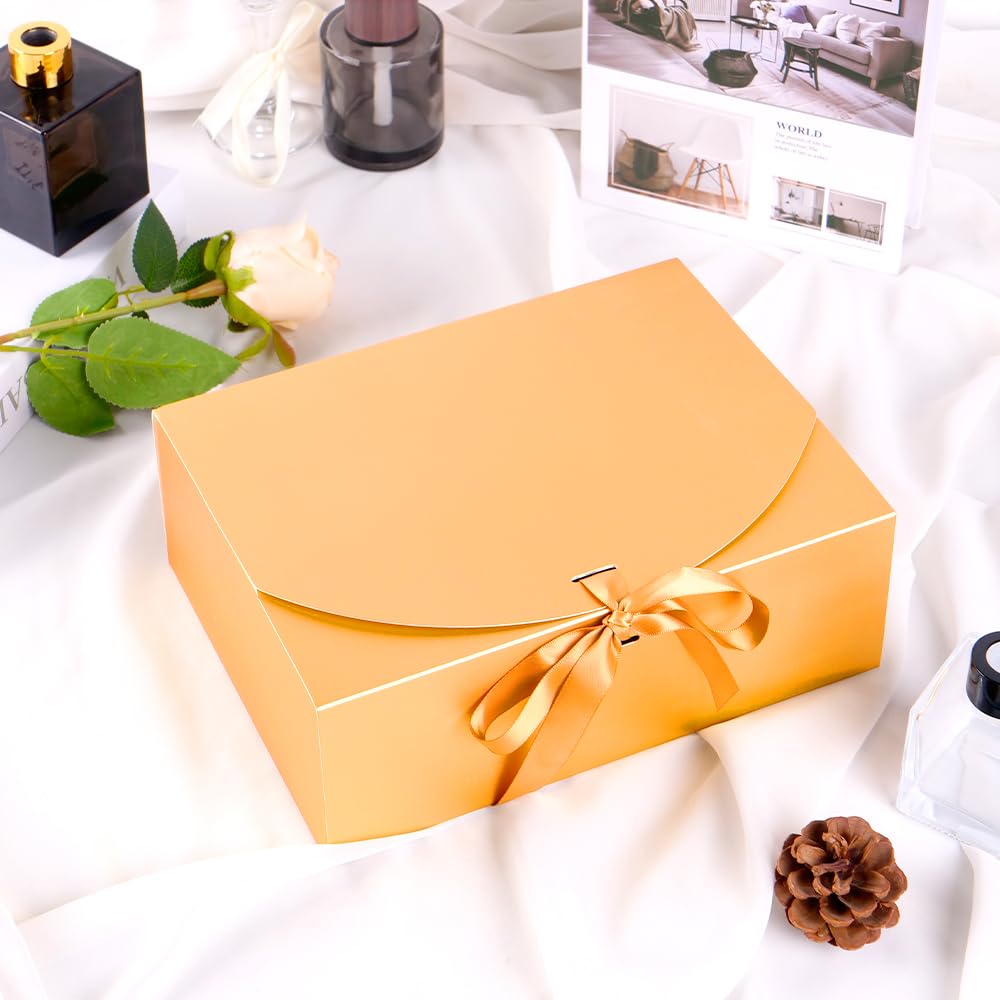 10 Pack Gift Boxes with Ribbon 10x7.5x3.5 Inch - Cardstock Wedding Favor Boxes for Bridesmaid Proposals, Birthday & Holiday Gift Packaging (Gold)