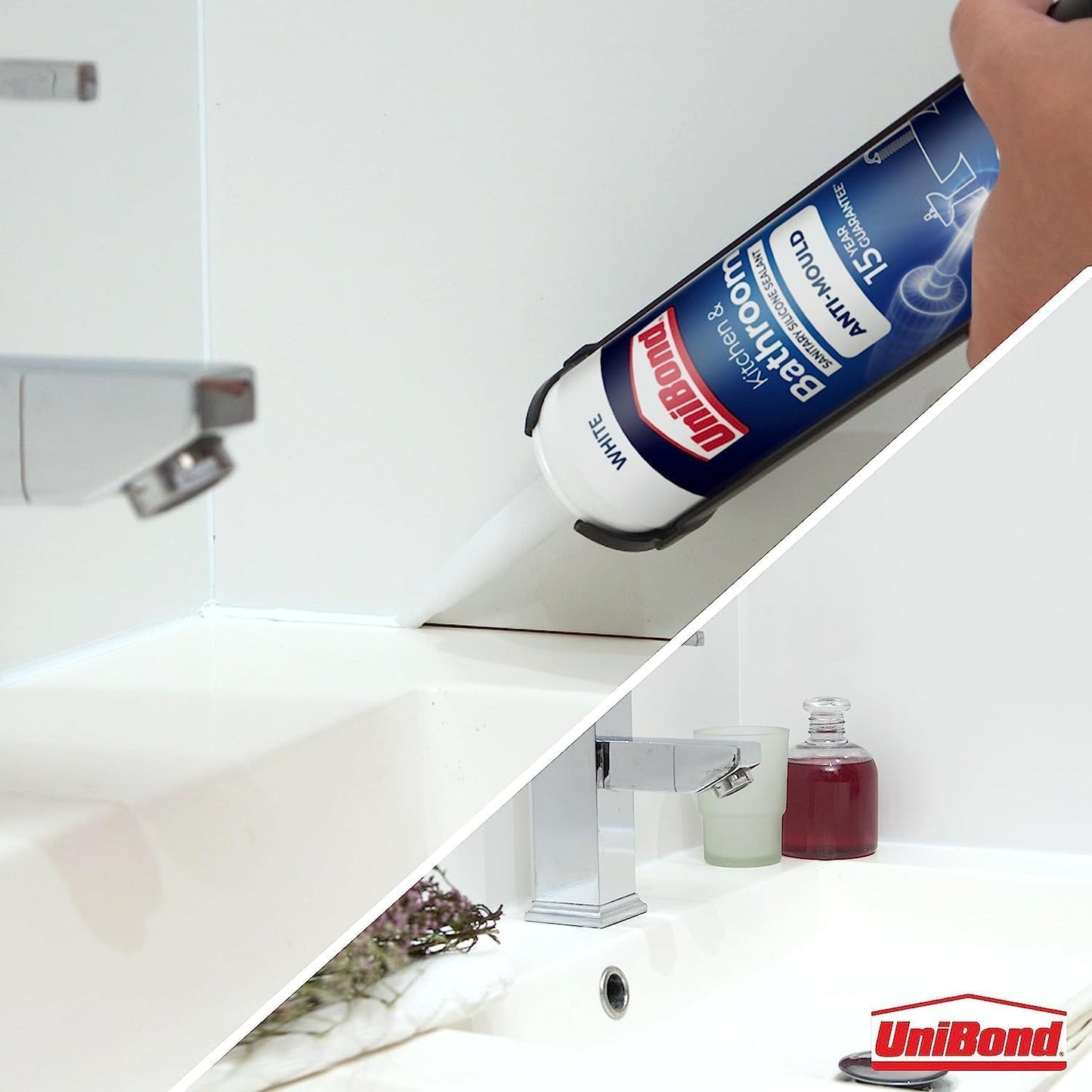 UniBond Anti-Mould White, Waterproof Mould Protection, Long-lasting White Silicone Sealant for Kitchen & Bathroom, Powerful Bath Sealant, 1 x 274g Cartridge