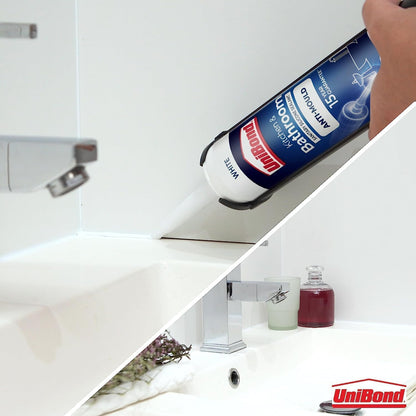 UniBond Anti-Mould White, Waterproof Mould Protection, Long-lasting White Silicone Sealant for Kitchen & Bathroom, Powerful Bath Sealant, 1 x 274g Cartridge