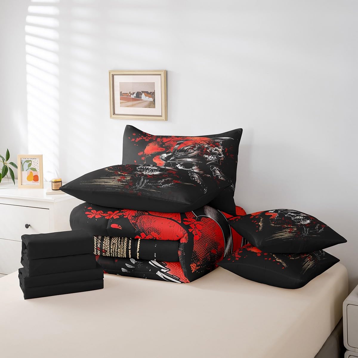 Erosebridal Japanese Samurai Queen Comforter Set 7 Piece,Gothic Skull Bedding Set with Sheets,Cherry Blossom Floral Bed in a Bag for Kids Boys Oriental Bed Set with Fitted+Flat Sheet,Pillowcases