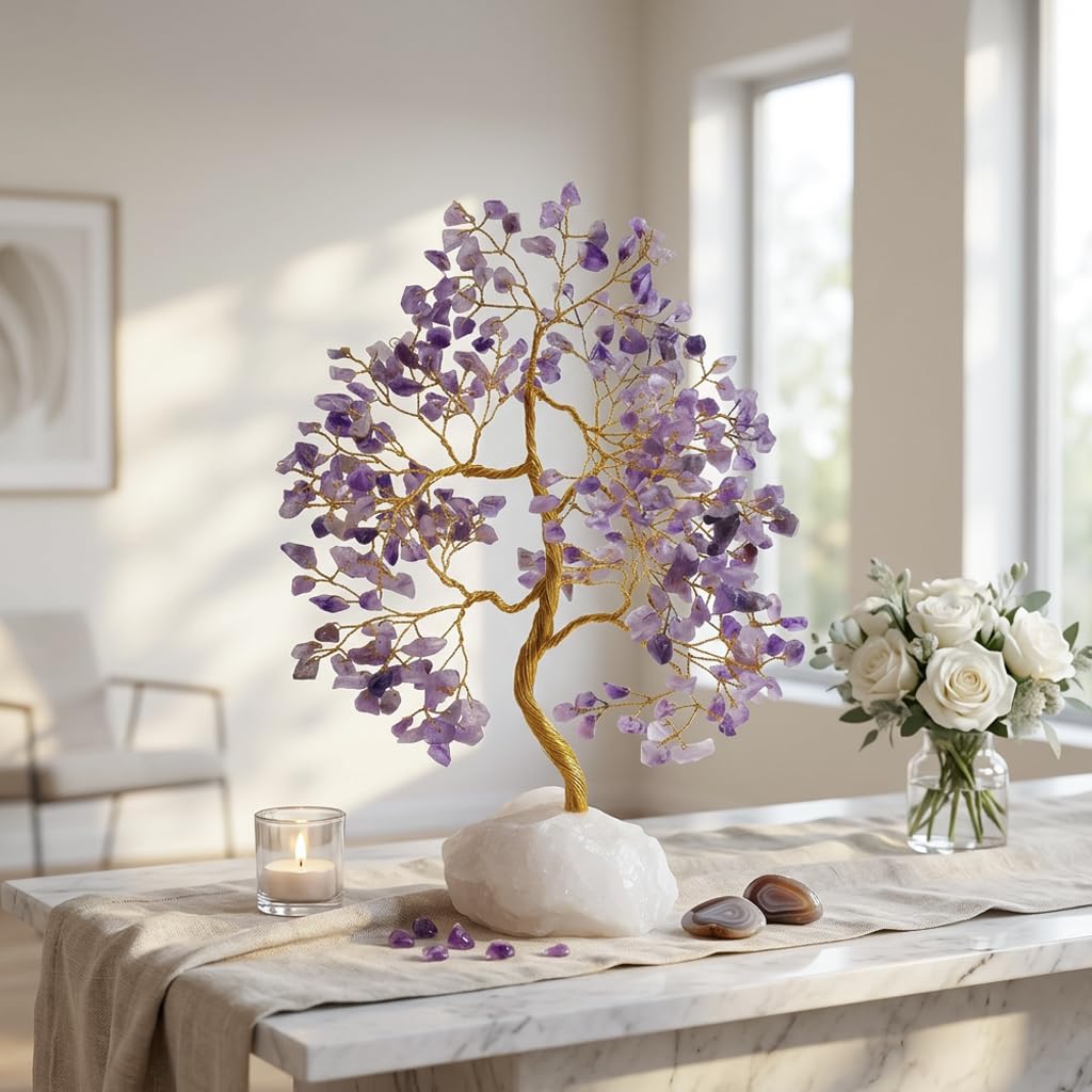 Crocon® Amethyst Crystals Tree of Life Rough Base, Birthday Gifts for Women, Home & Office Decor Money Tree Healing Crystals Womens Gifts Ideas House Warming Gift Sister Unique Purple Decoration