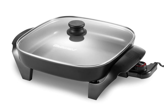Elite Gourmet EG2212 12"x12"x2.15” Ceralast™ PFAS Free Ceramic Electric Skillet, Dishwasher Safe, Rapid Heat Up, 1200W, Dark Grey