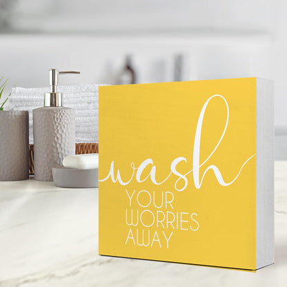 LVQHI Bathroom Decor And Accessories, Wash Your Worries Away Wooden Box Sign, Bathroom Sign Small Decorations For Shelves, Yellow Washroom Toilet Restroom Shelves Decor 5"L x 5"W x 1.1"H