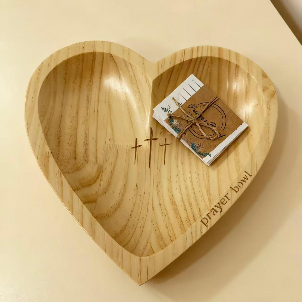 JimZePong Heart Prayer Bowl with 24 Cards, Christian Heart Shaped Wooden Dough Bowl, Handcrafted Prayer Request Bowl, Religious Gift for Women, Mom, Baptism, Church, Thanksgiving & Christmas Decor